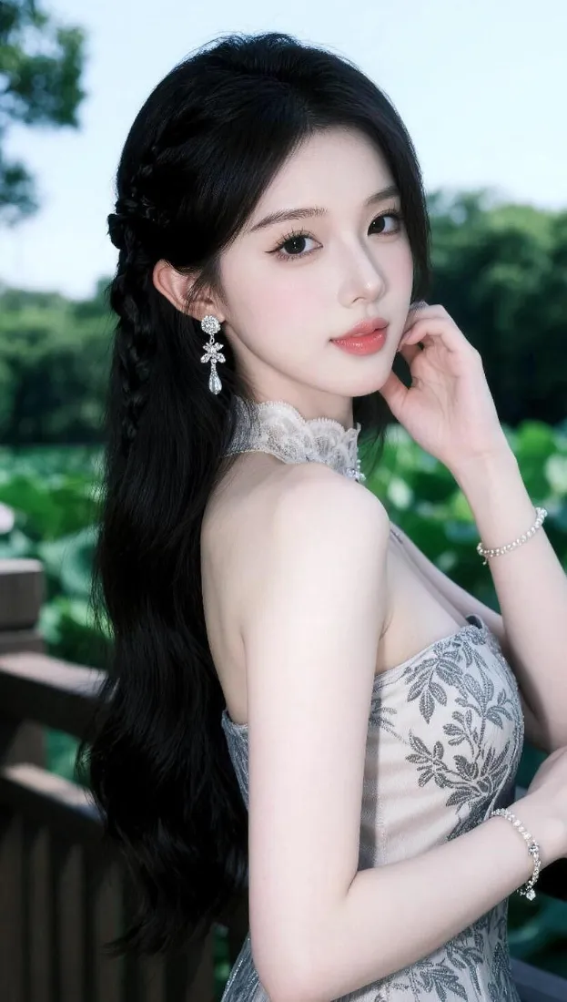 户外荷塘边，身着灰纹露肩旗袍的长发美女侧身回望，背景绿植虚化。