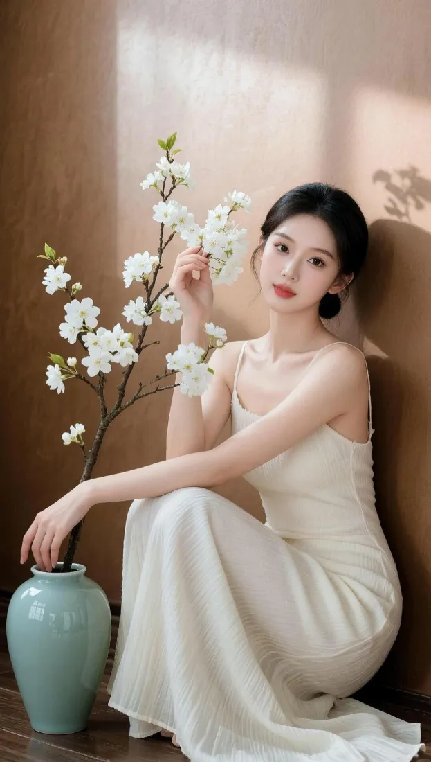 暖光室内，穿米白吊带长裙的黑发女子坐于青瓷花瓶旁，手持白色花枝。