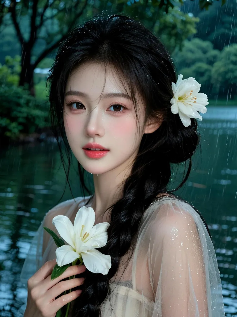 雨天林间湖畔，麻花辫少女手持白兰花，着轻纱裙，清新温柔。