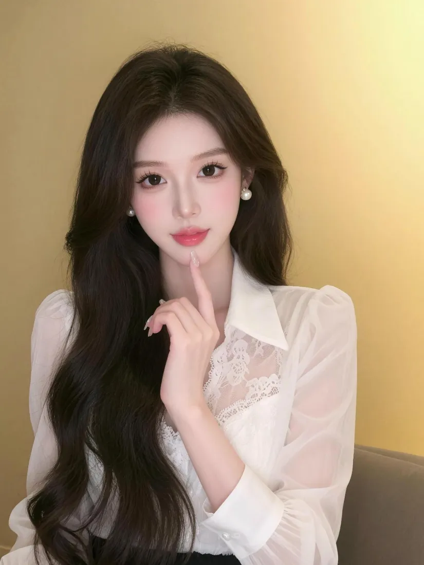 暖黄背景前，长发白衬衫珍珠耳饰女子以手指抵唇温柔看向镜头