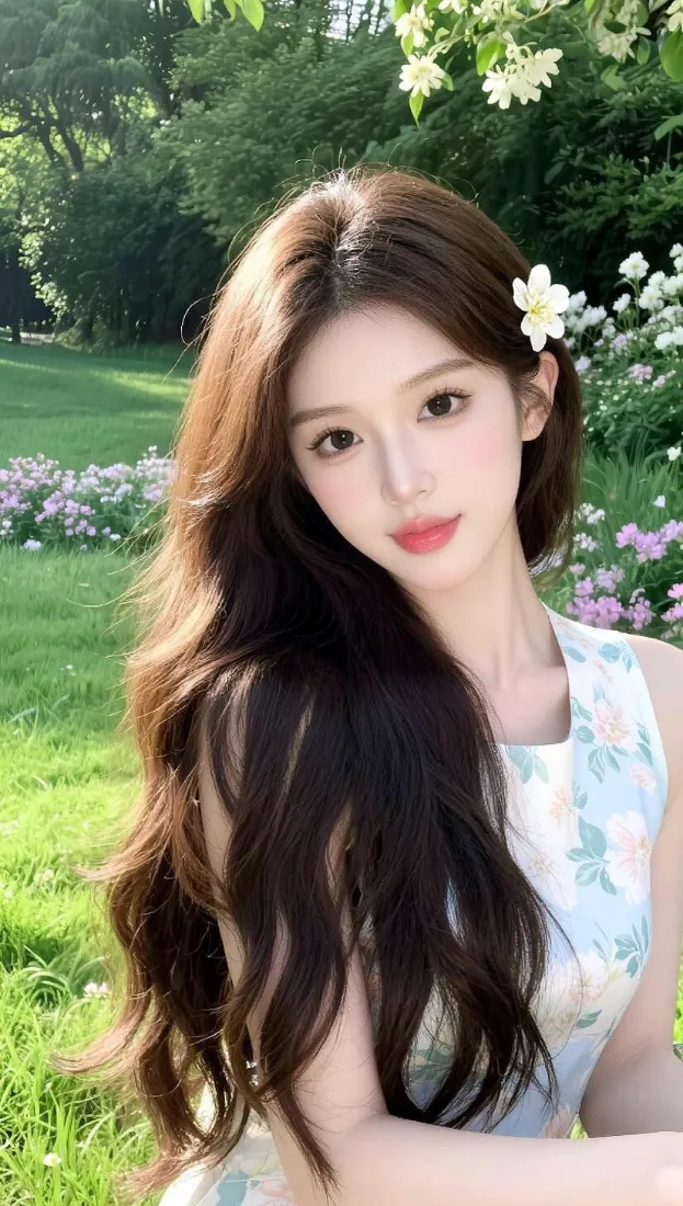 棕发长发女子发间别白花，身着浅蓝碎花裙，置身绿意盎然的户外花园中。