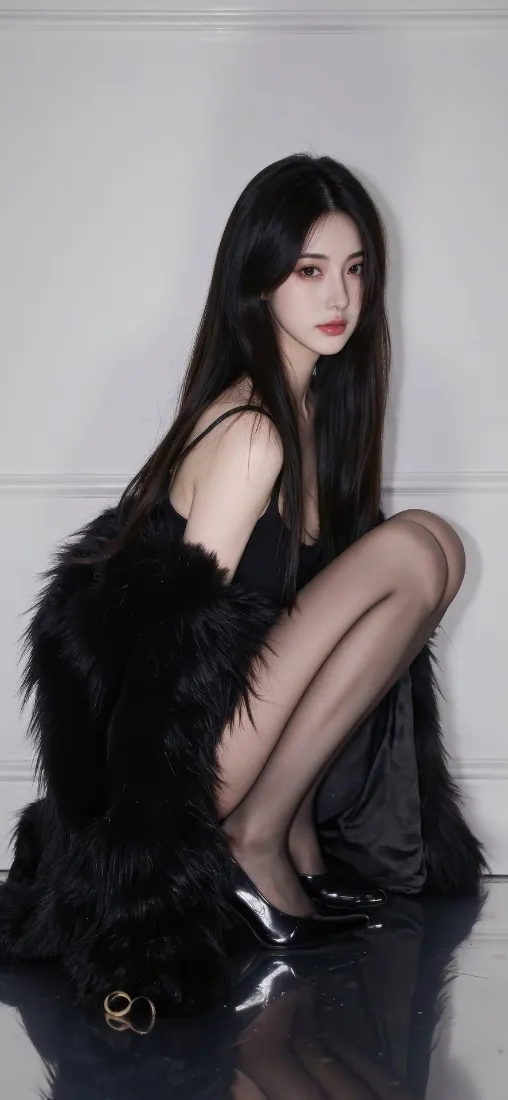黑长直长发冷白皮美女蹲姿，身着黑色吊带裙、黑丝与黑色皮草，背靠白色墙面。