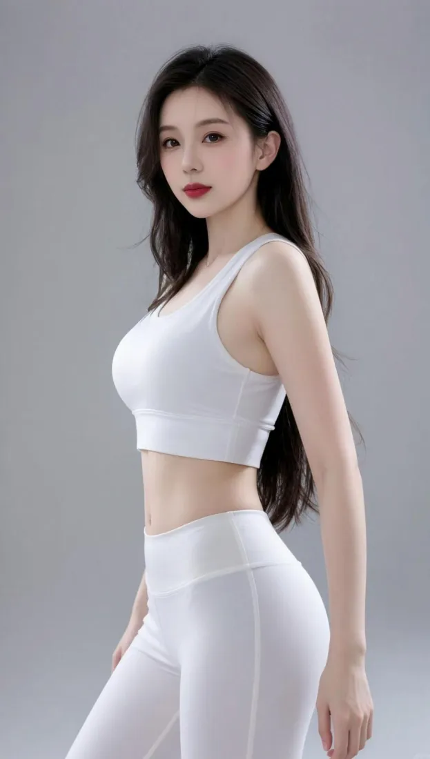 灰调简约背景下，长发红唇女性身着白色运动瑜伽套装侧身站立。