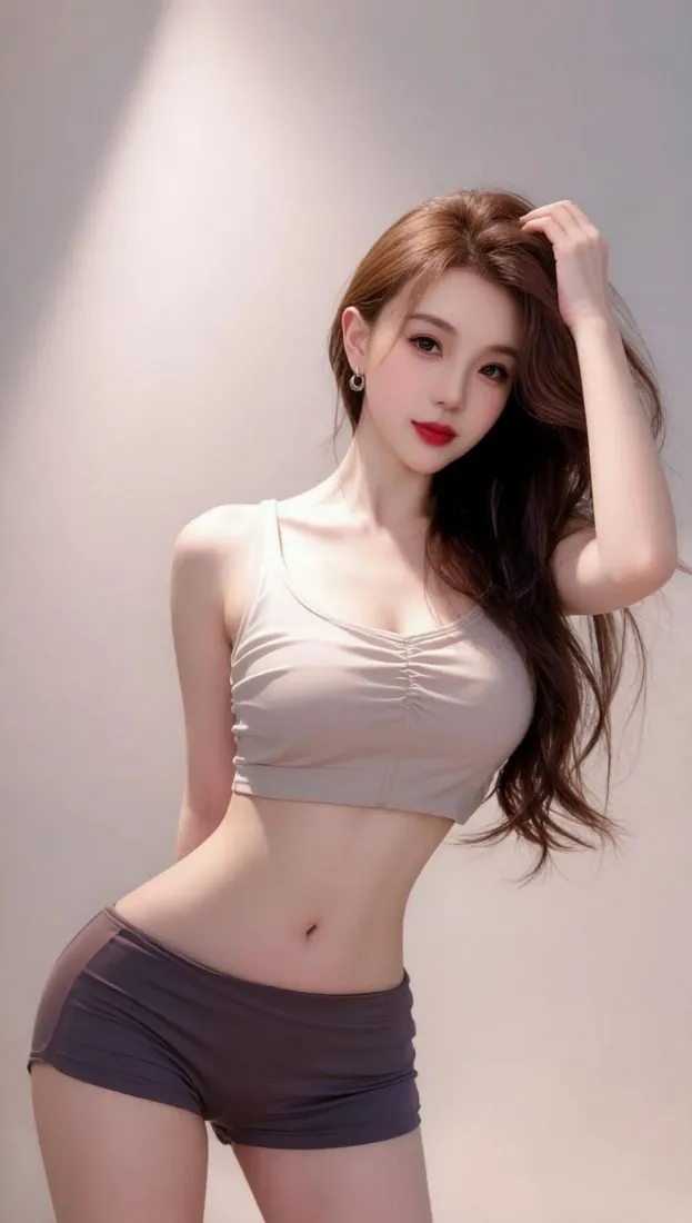 长发红唇女子着浅灰背心深灰短裤，简约光影墙前抬手撩发秀马甲线
