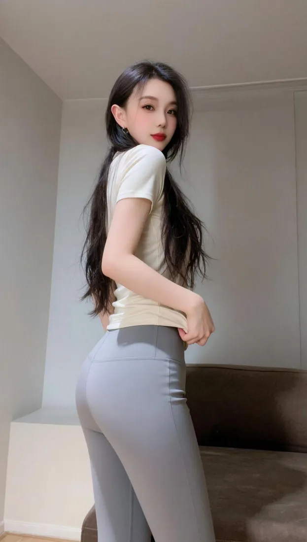室内简约背景下，长发红唇女子穿白短袖灰紧身裤侧身回望镜头。