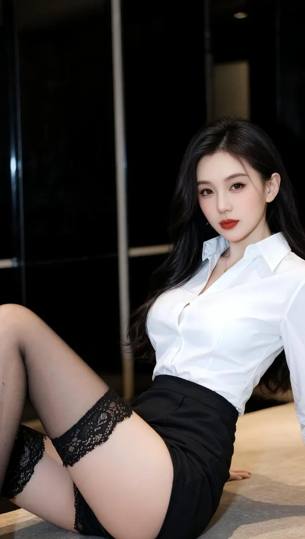 夜晚室内，长发OL女性身着白衬衫黑短裙与蕾丝边黑丝坐于地面