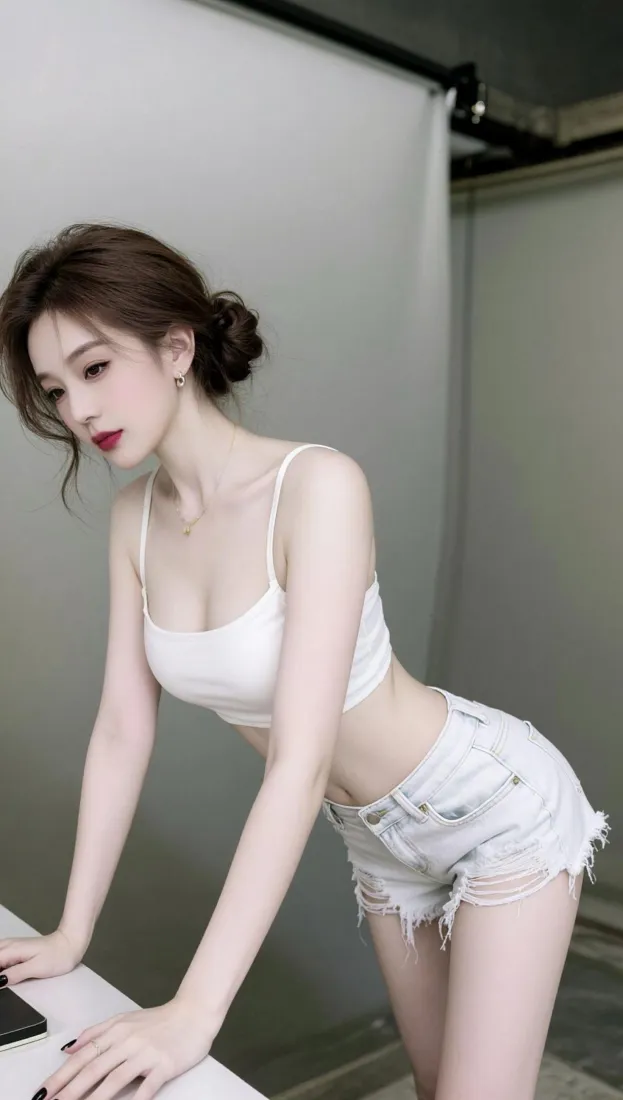 盘发红唇美女穿白色吊带与牛仔短裤，俯身靠在简约室内桌旁。