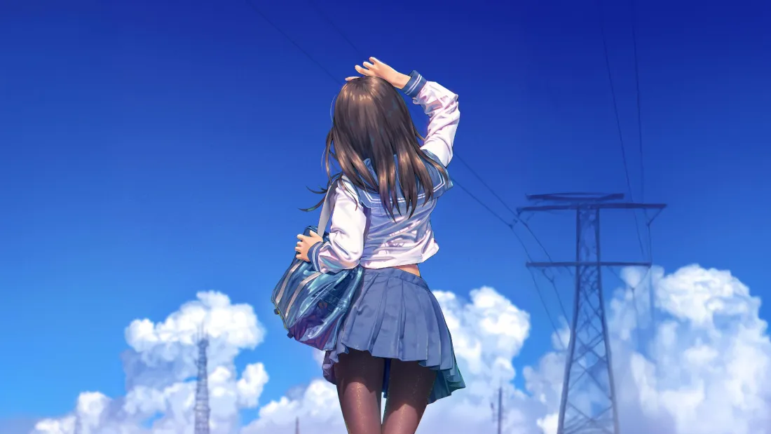 4kJK少女背影壁纸|蓝天背景图片 - 平板适配「哲风壁纸」 JK制服少女背对镜头站在蓝天白云下,身旁有输电铁塔。