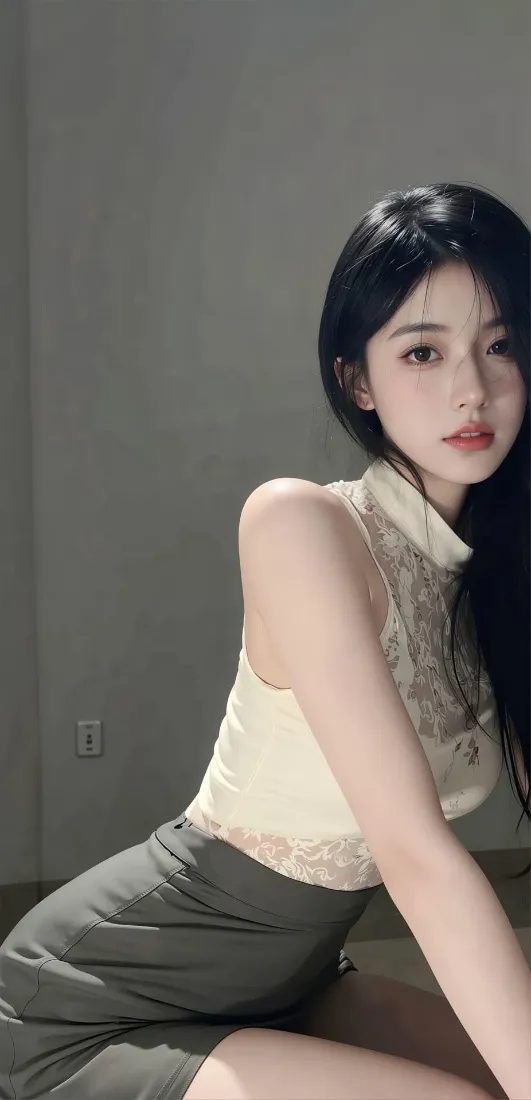 灰墙室内，黑长直美女穿米白蕾丝无袖上衣与灰短裙，侧身看向镜头。