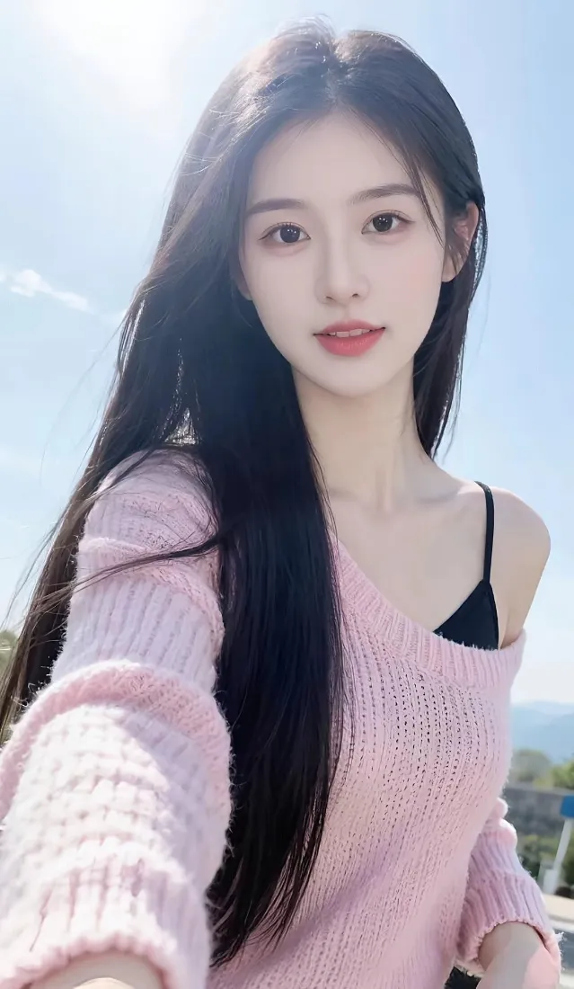 户外晴朗蓝天下，长发穿粉色露肩针织衫的年轻女生自拍