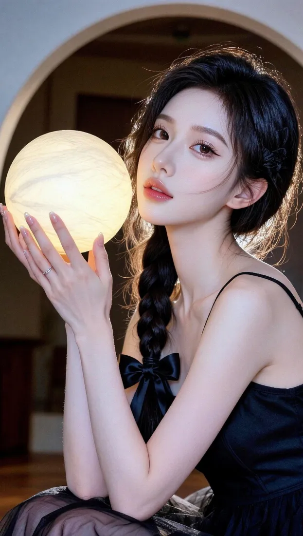 室内暖光下，黑长辫穿黑吊带的女子双手捧球形灯，氛围温柔。