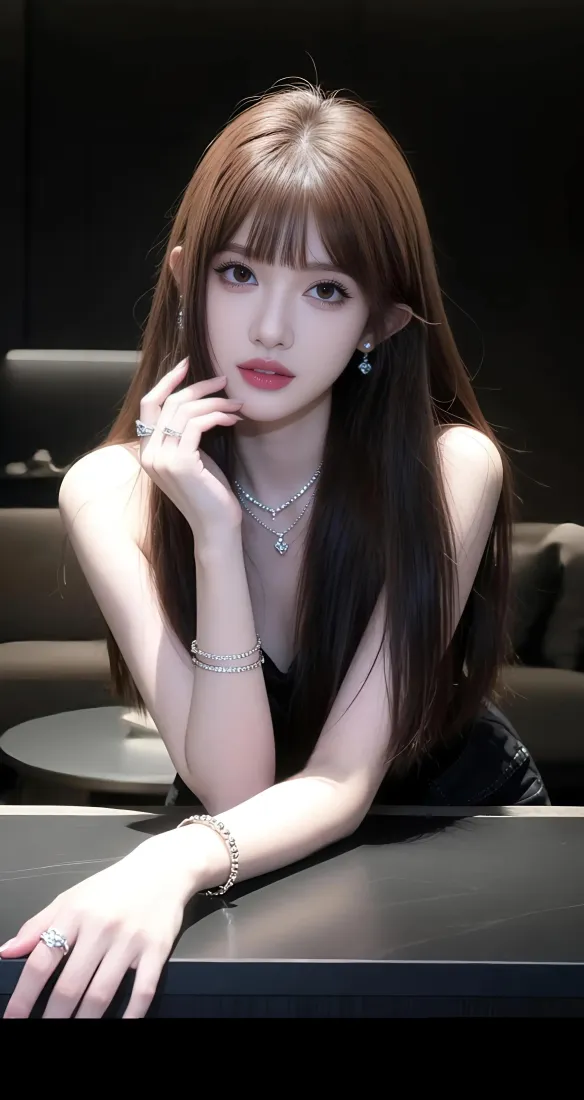 齐刘海长发黑衣女子佩戴银饰，手肘搭在桌面看向镜头