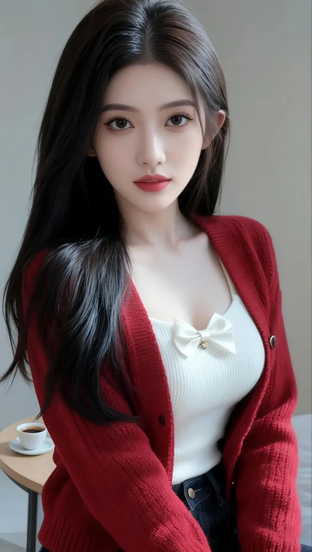 黑长发年轻女性身着红色开衫与白色吊带，身旁小圆桌摆放咖啡杯，背景为浅灰纯色墙面。