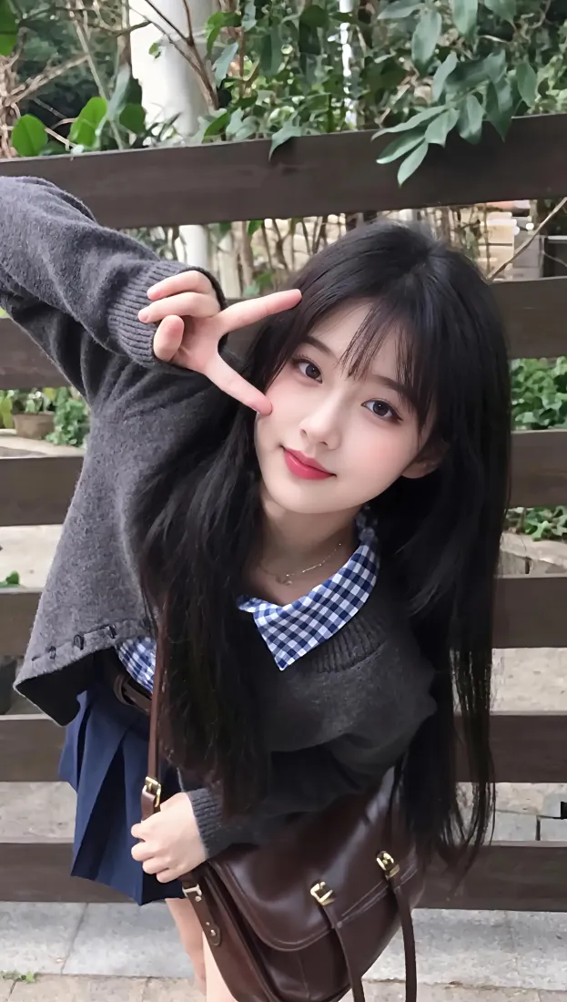户外绿植围栏前，长发女生穿深色开衫配蓝格领，比剪刀手微笑。