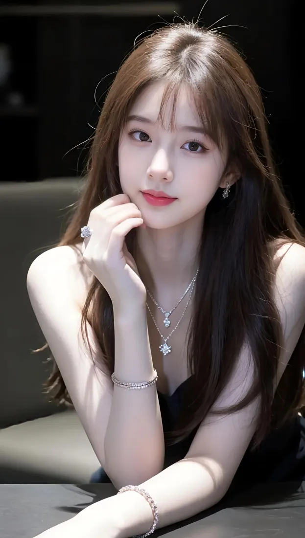 棕长发黑吊带女生手肘撑桌，手托脸颊，佩戴银饰，背景虚化