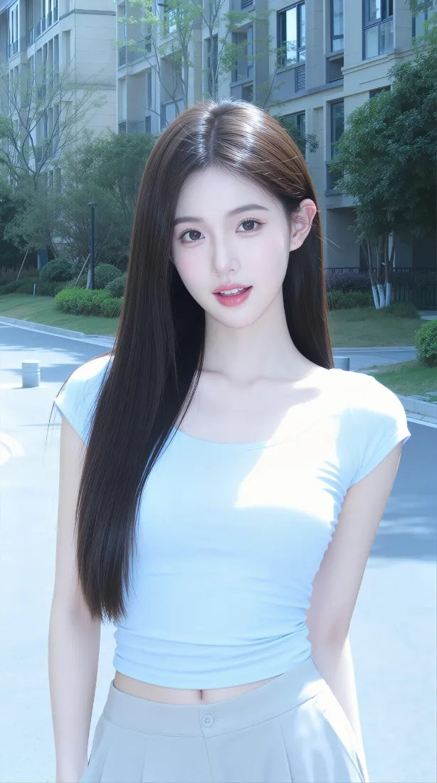 夏日户外居民区，长发年轻女性身着浅蓝露腰上衣站立，背景虚化。