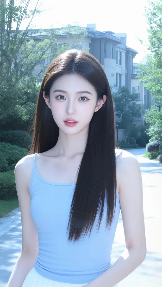 户外别墅绿植背景前，穿浅蓝色吊带的长直发清纯年轻女性半身像