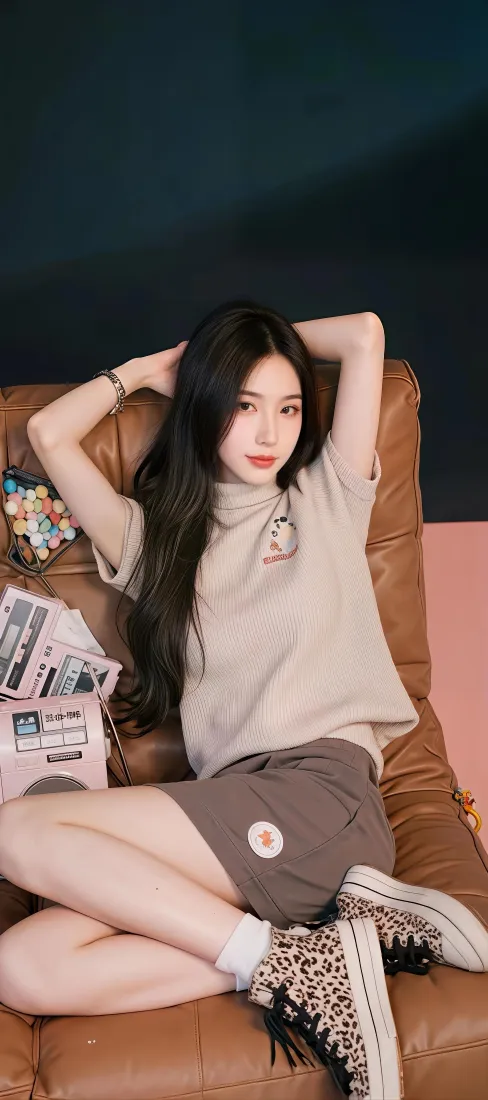长发少女慵懒斜靠棕色皮沙发，休闲穿搭，身旁摆放杂志与小物件。