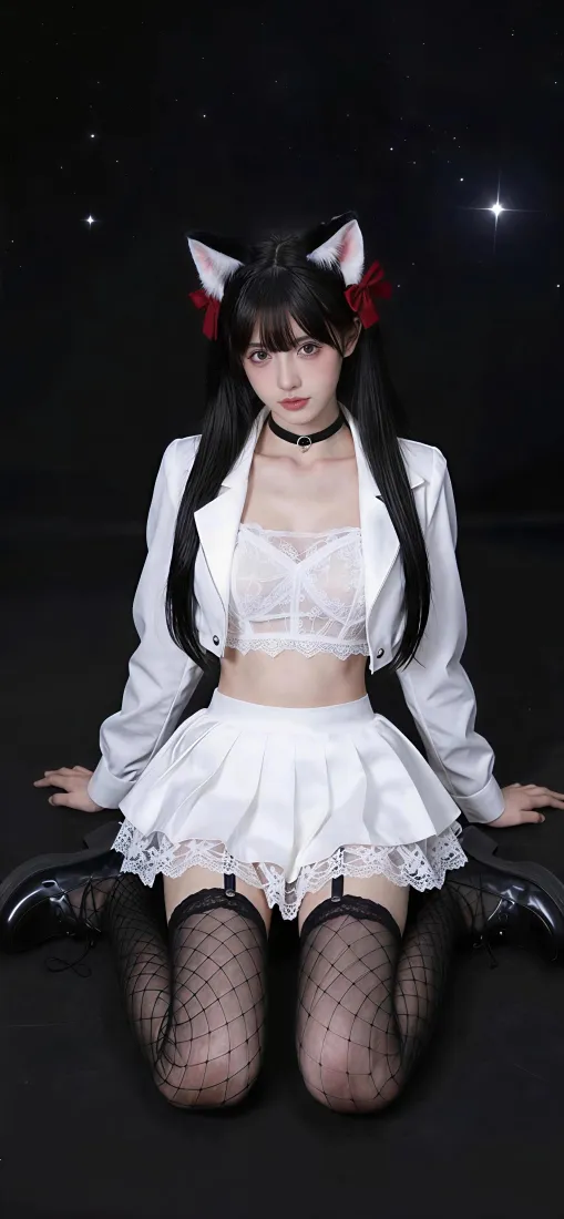 黑长直猫耳少女身着白色套装与渔网袜，跪坐于黑色星空背景前