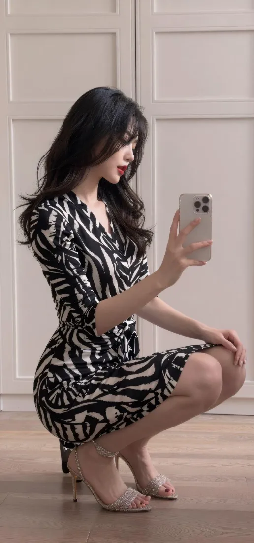 长发女子穿斑马纹连衣裙，蹲在室内持手机对镜自拍。