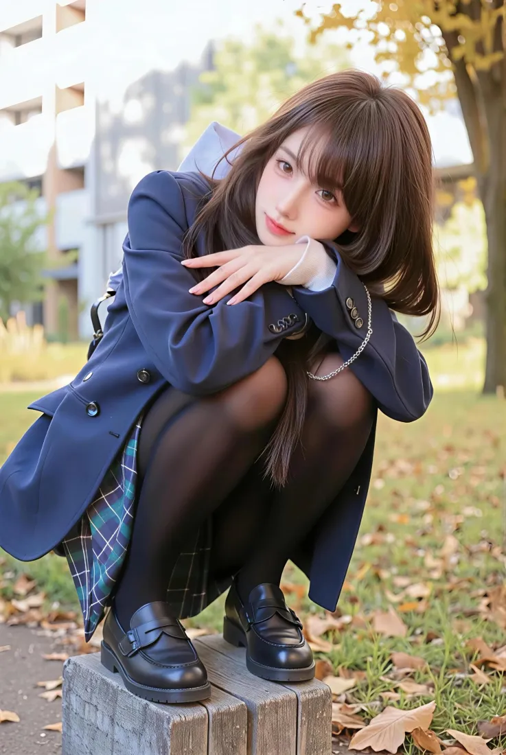 秋日户外，穿蓝色风衣JK制服的少女蹲在石墩上，背景是校园草地与树木。