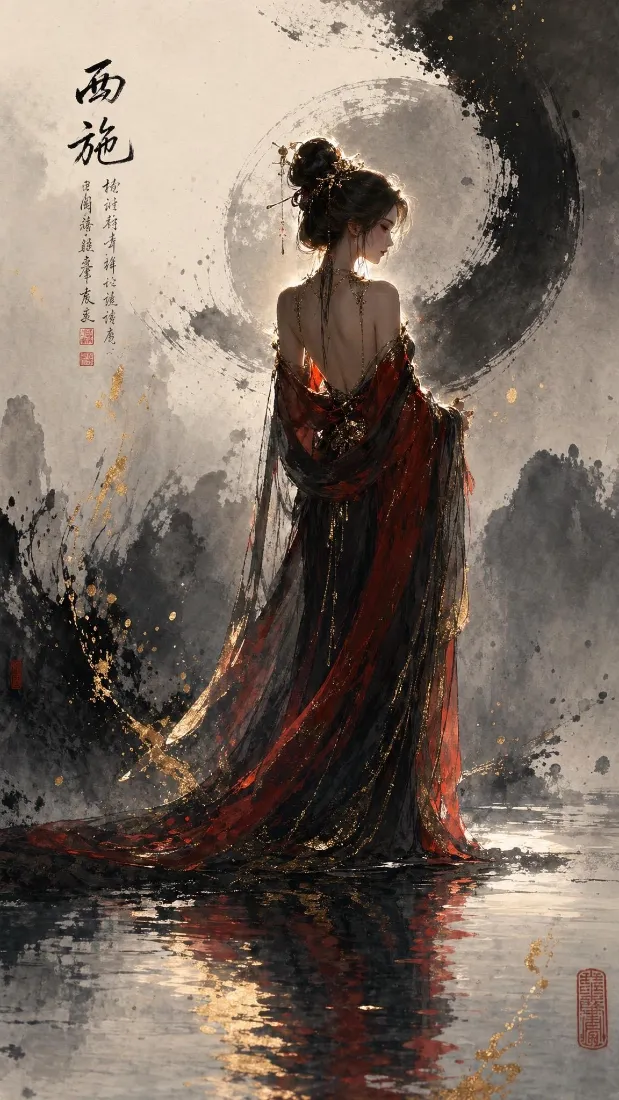 水墨古风红衣露背女子立于水面，衣袂飘曳，倒影映于水中，左侧题有西施字样。