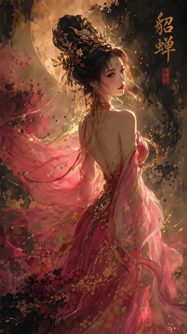 暖光月夜下，身着粉色露背纱裙的古风貂蝉回眸，衣袂飘飞。
