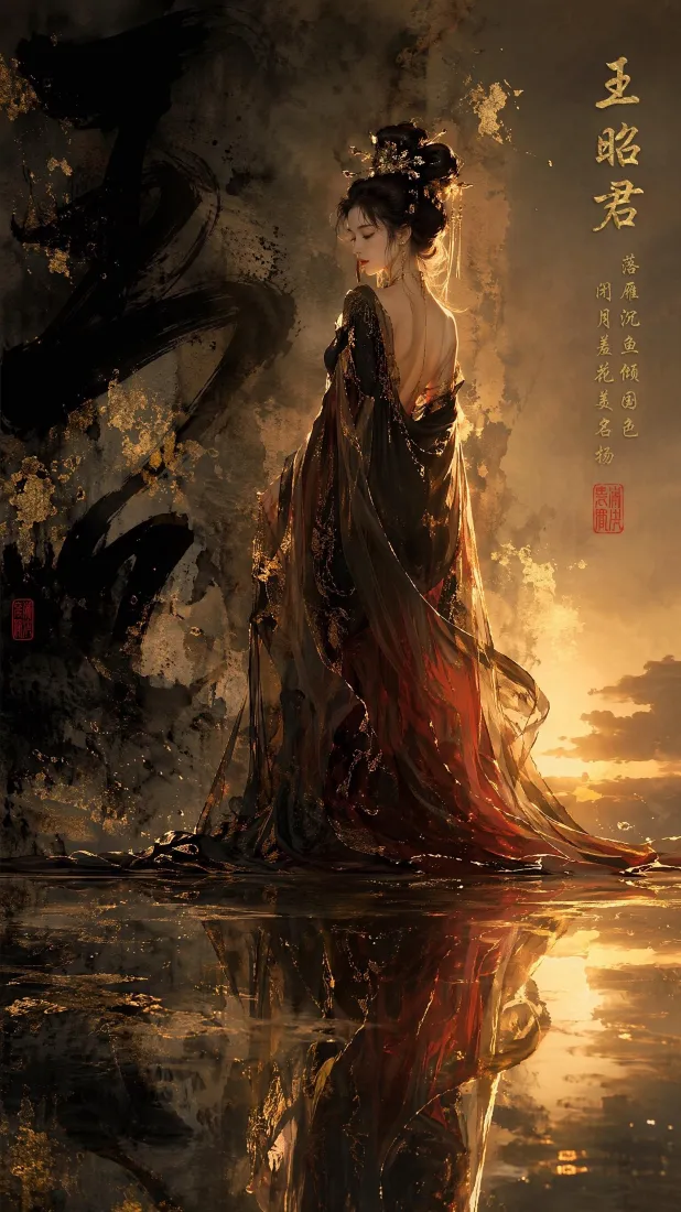 黄昏水边，露背古风女子立于水面，衣袂飘曳，倒影相映，氛围朦胧唯美。