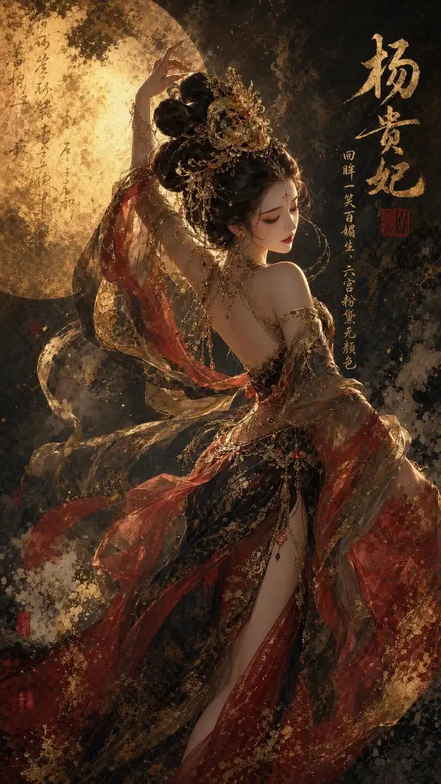月夜下身着红金露背纱裙的唐代舞姬，发髻高挽，衣袂飘飞，旁侧书有杨贵妃字样。