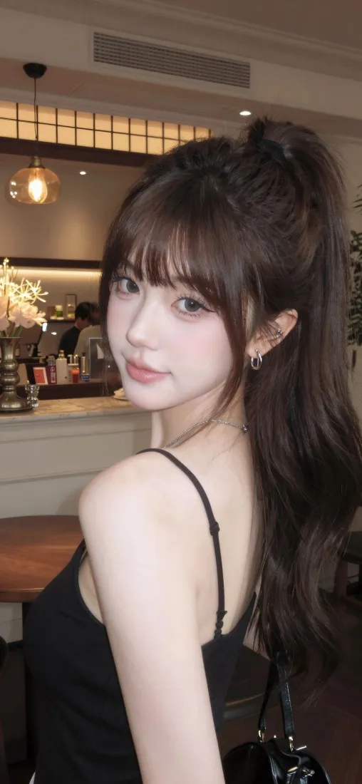 咖啡馆内，扎高马尾齐刘海的年轻女子穿黑色吊带回头看向镜头。