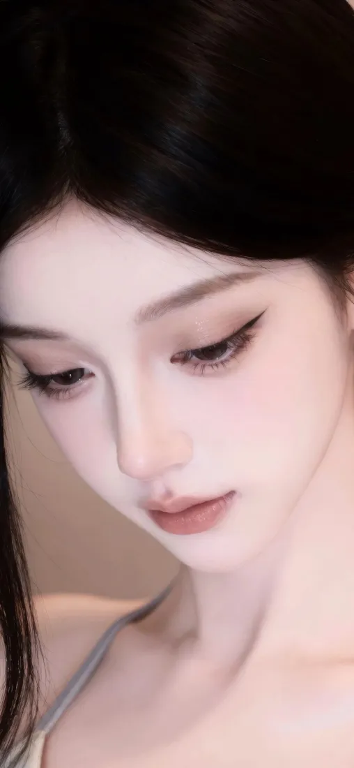 黑发低眸女性脸部特写，柔粉冷白皮，清冷柔美感