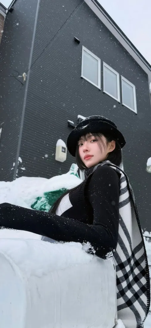 飘雪冬日街头，戴黑色贝雷帽、围格纹围巾的短发美女倚在积雪矮墙旁，身后是灰色建筑。