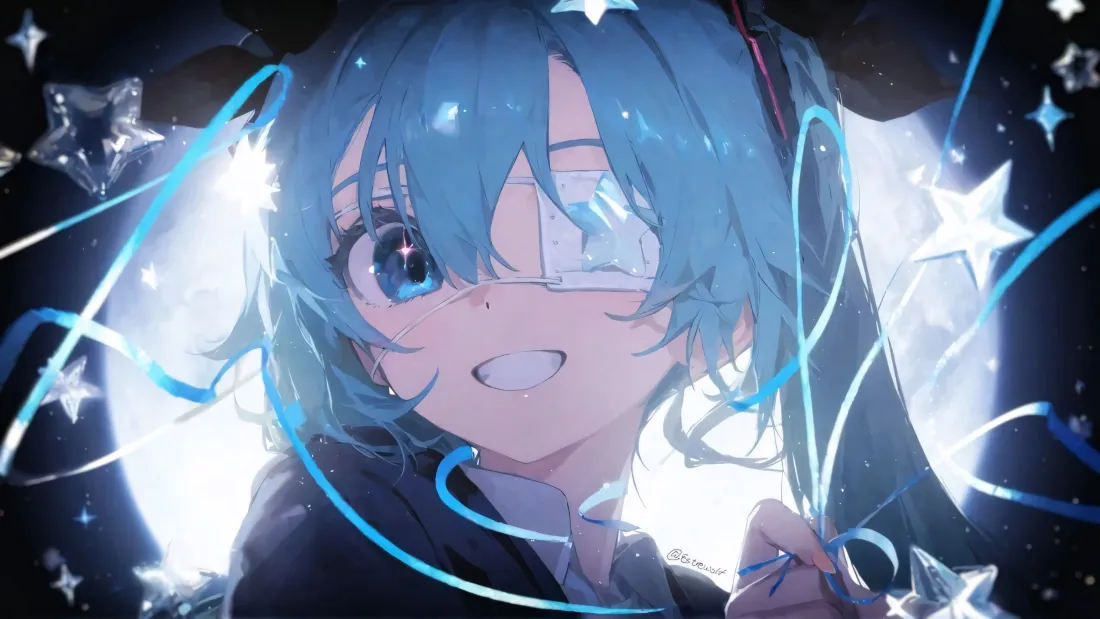 蓝发戴眼罩的初音未来，在星光与蓝色光带环绕的暗背景中微笑。