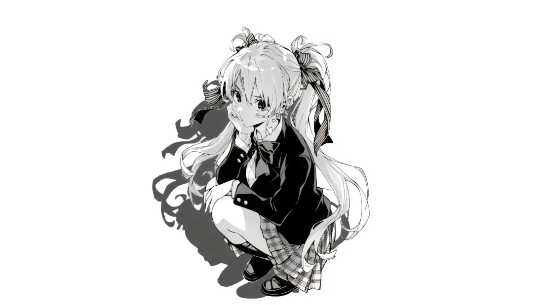 3k双马尾少女壁纸|黑白漫画风背景图片 - 二次元JK「哲风壁纸」 黑白漫画风双马尾JK少女蹲姿,纯白背景,手托脸颊看向镜头