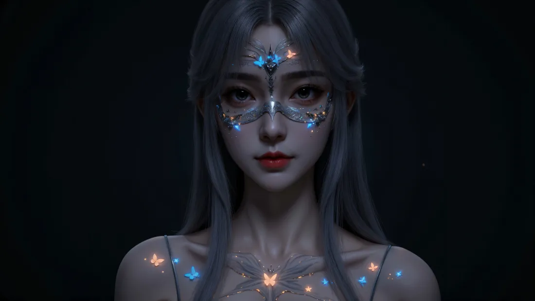 暗调背景下银长发女性半身像，面部与肩颈点缀发光蝴蝶碎钻装饰