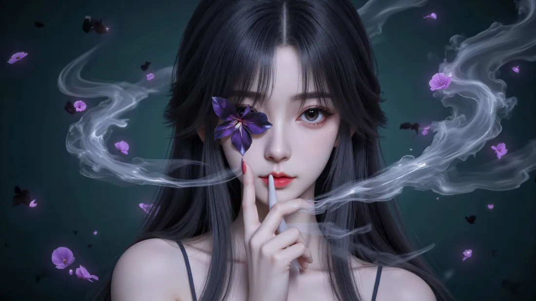 6k完美世界雪琳壁纸|紫花烟幕背景图片 - 国风美人「哲风壁纸」 黑发紫花遮眼的国漫女性,紫烟环绕,紫花瓣飘散,深青暗调背景