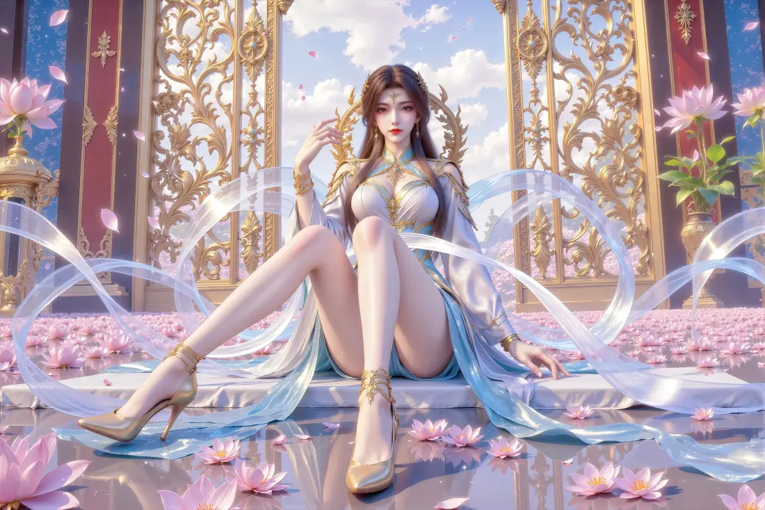 古风仙侠女子坐于金纹宫殿前，周身环绕透明飘带，地面散落粉色莲花花瓣。