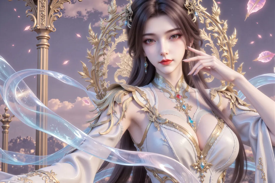 白衣金饰古风玄幻女神，身后金色雕花饰环，飘带与花瓣环绕。