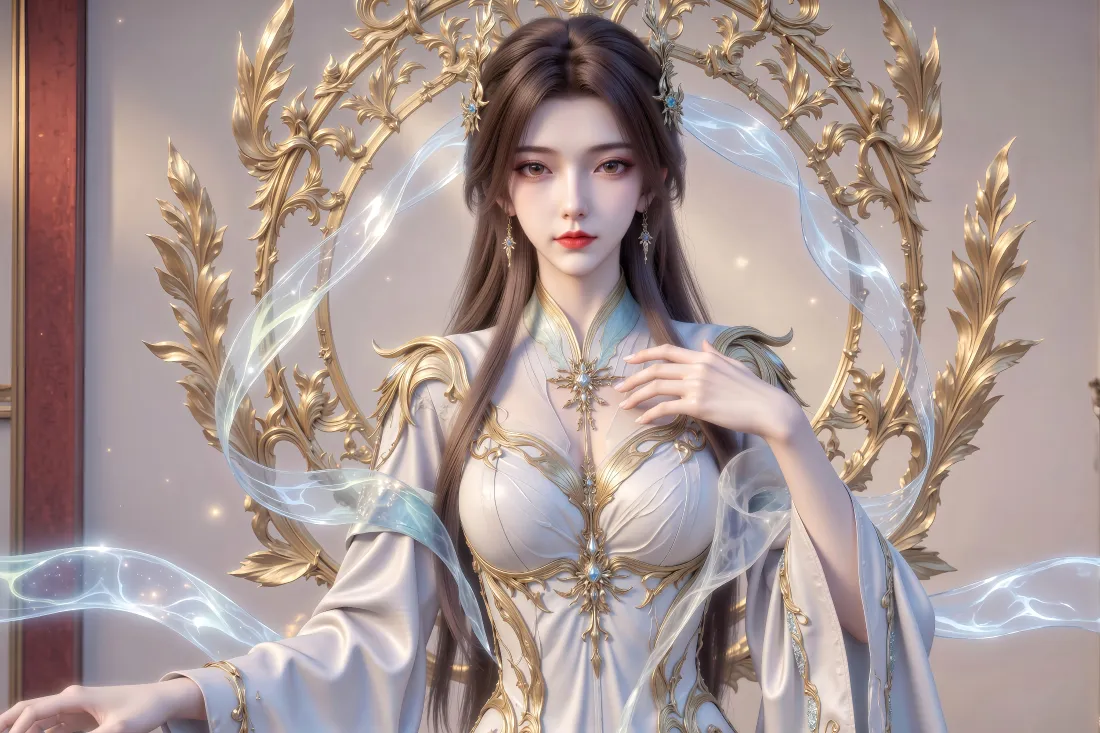 4k狠人大帝壁纸|古风背景图片 - 完美世界「哲风壁纸」 身着白金色古风长裙的长发女子,身后环绕金色雕花圆环与淡蓝色光带。
