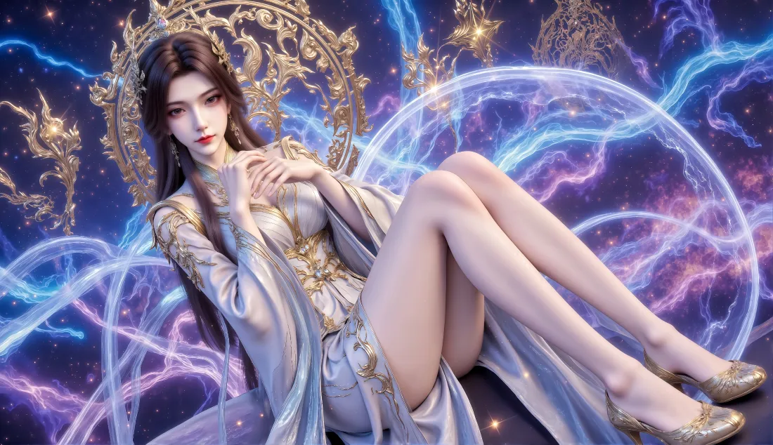 身着鎏金白裙的古风女子坐于紫蓝星云流光环绕的背景中，头戴华丽金冠。