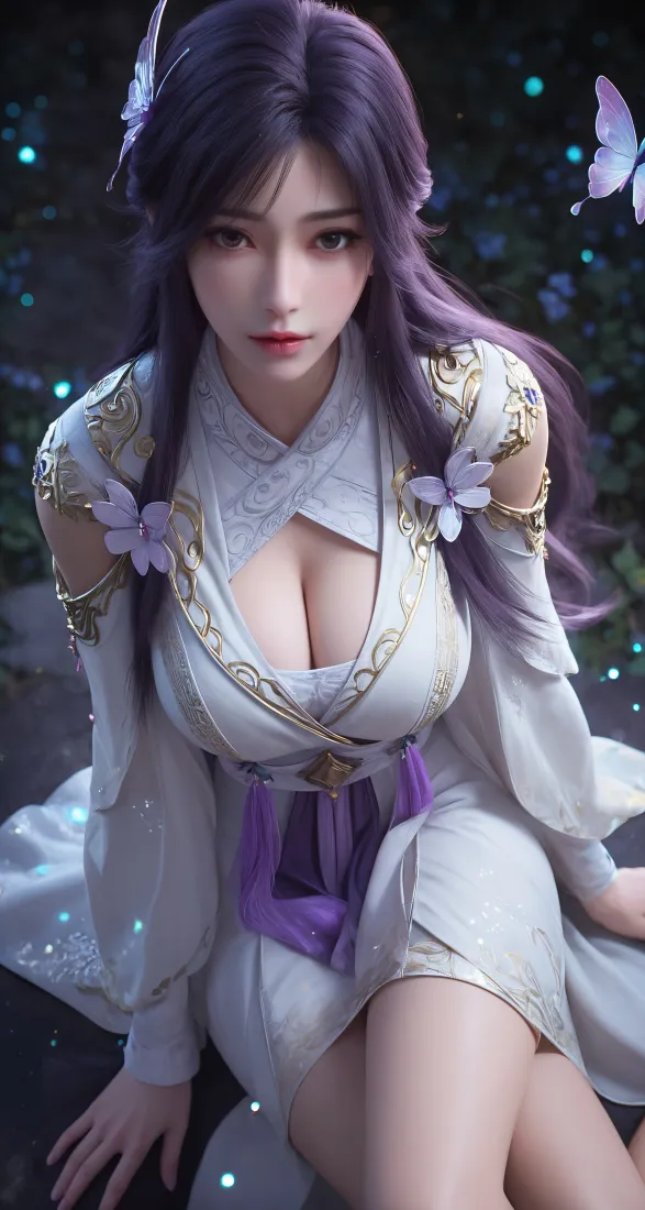 紫发白衣古风女子蹲坐于暗调林间，身侧有蝴蝶与萤火光点。
