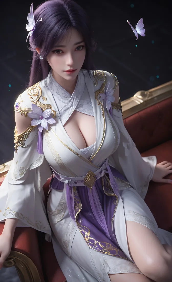 紫发古风女子身着白紫镶金仙侠服饰坐于红沙发，旁有紫蝶飞舞