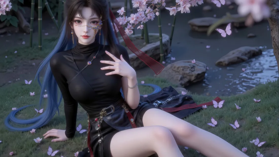 5k云望舒壁纸|溪边樱花背景图片 - 黑裙二次元美女「哲风壁纸」 蓝长发黑裙的云望舒坐于溪边草地,樱花飘落,蝴蝶飞舞。