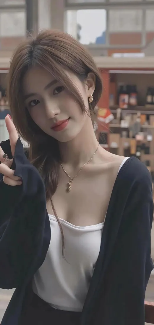 长发年轻女子穿深色外套配白色内搭，在虚化的店铺背景前比耶微笑。