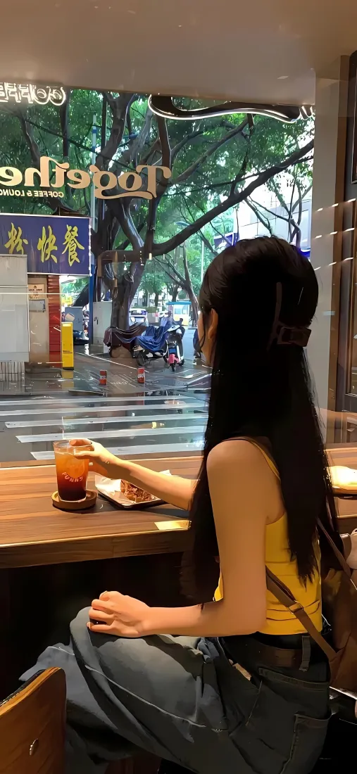 长发美女手机壁纸｜咖啡馆靠窗背景图片 - 休闲日常「哲风壁纸」