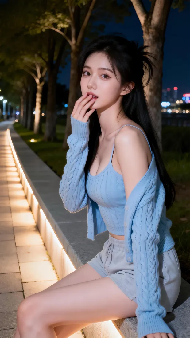 蓝色穿搭长发美女手机壁纸|夜景步道背景图片 - 氛围感人像「哲风壁纸」 蓝色穿搭长发美女手机壁纸|夜景步道背景图片 - 氛围感人像「哲风壁纸」