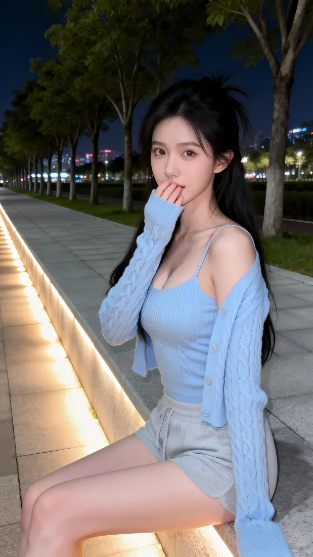 蓝衣美女手机壁纸｜城市夜景街边背景图片 - 氛围感人像「哲风壁纸」