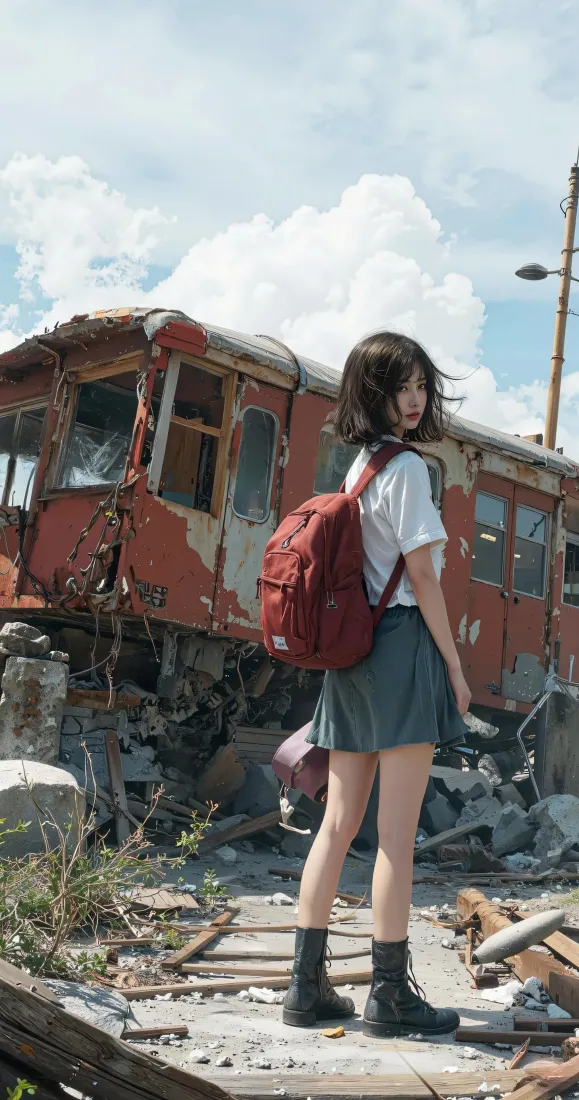 JK少女手机壁纸｜废弃火车背景图片 - 户外氛围感写真「哲风壁纸」