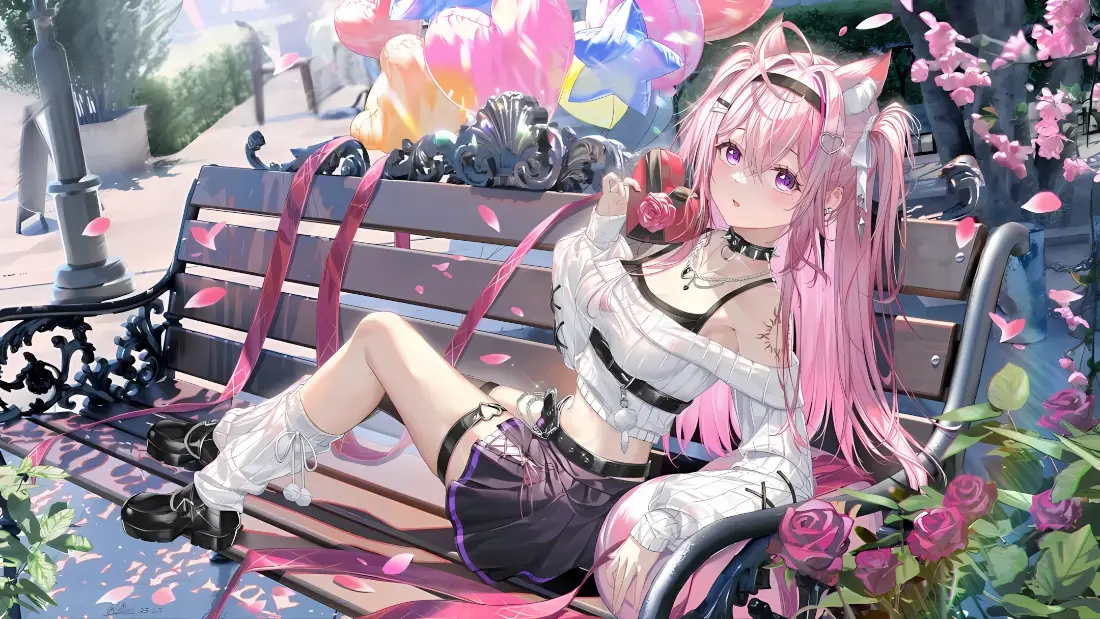 2k猫耳少女壁纸｜公园长椅背景图片 - 二次元萌系插画「哲风壁纸」