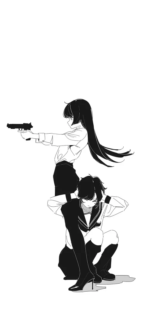 双少女手机壁纸｜黑白线稿背景图片 - 持枪少女插画「哲风壁纸」